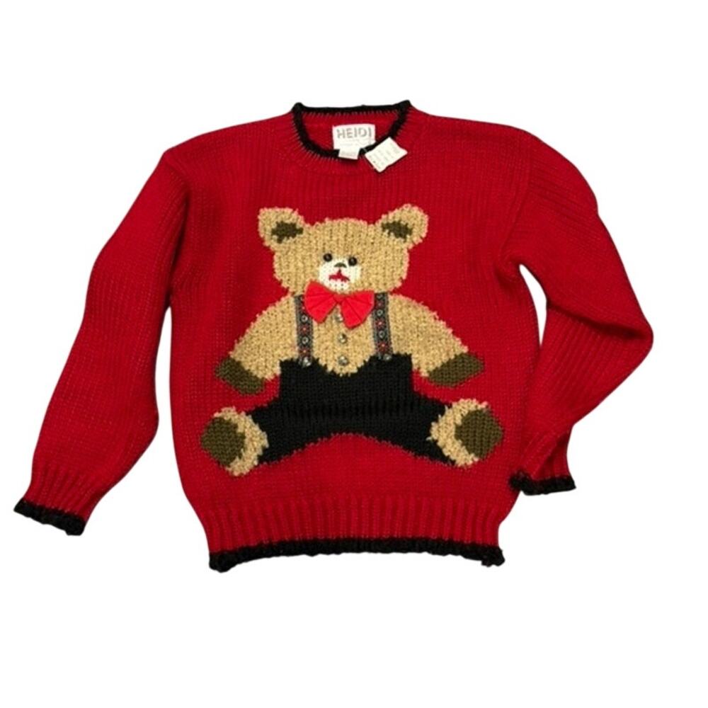 Vintage HEIDI Hand Knit Teddy Bear Sweater Small Red Holiday NWT